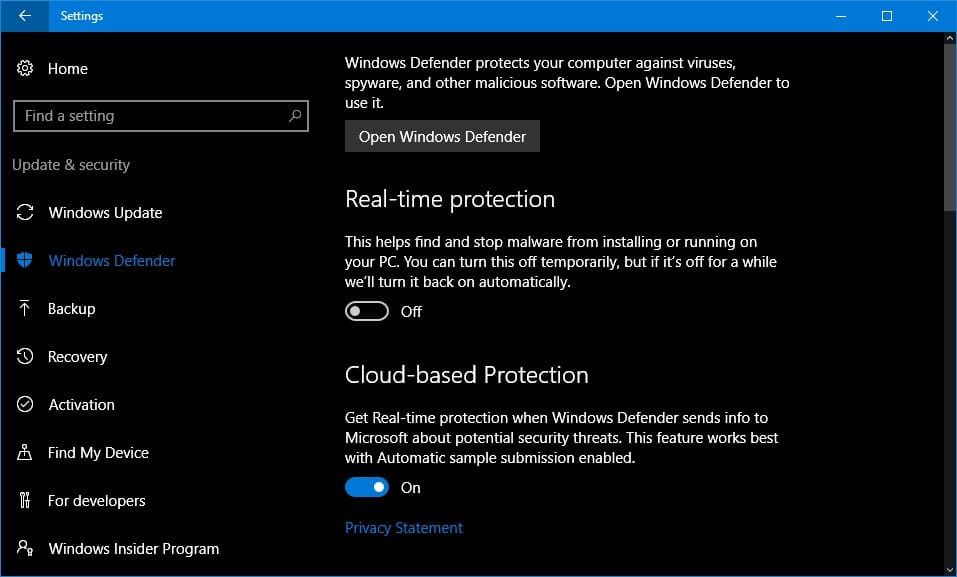Turn off Windows Defender Real-time protection feature