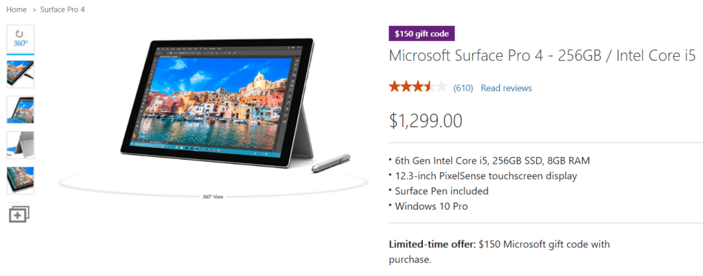 Surface Pro 4 150 dollars gift code