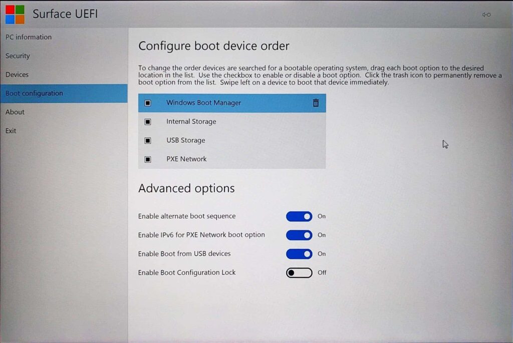 Surface Pro 4 - UEFI - Boot Configuration