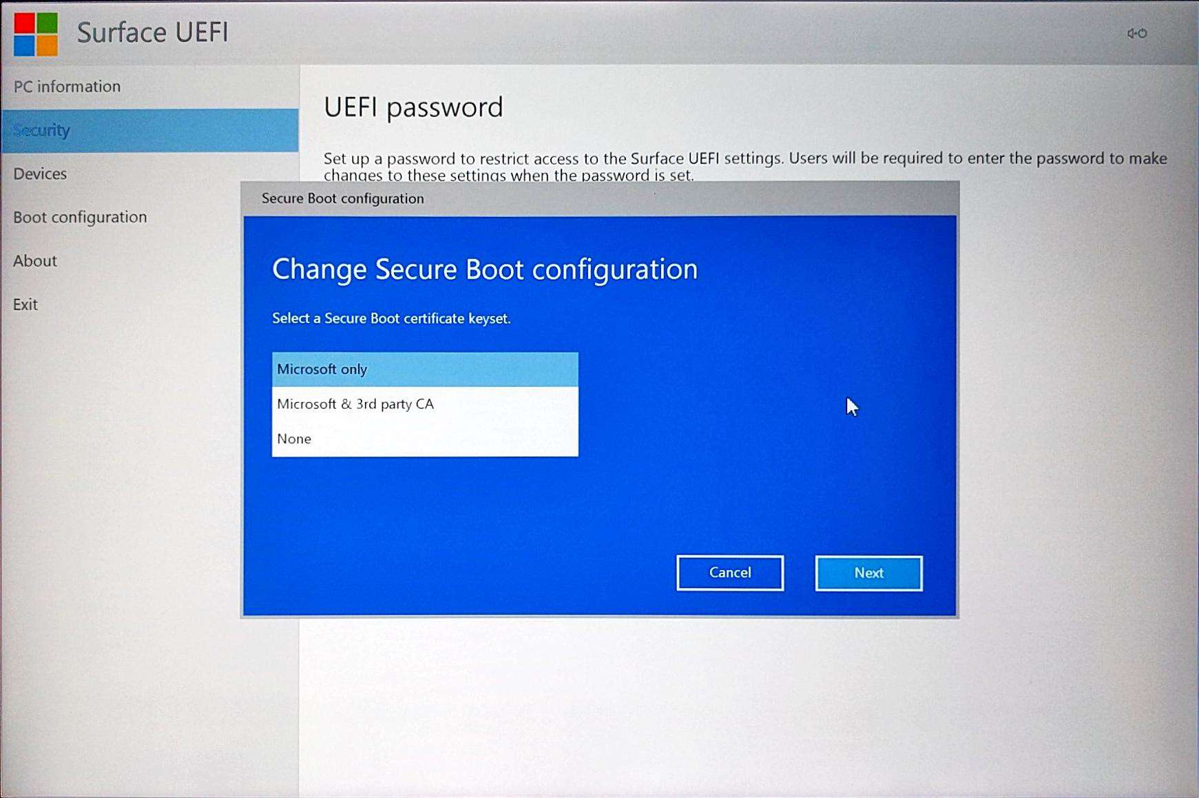 Surface Pro 4 - UEFI > Security > Change Configuration