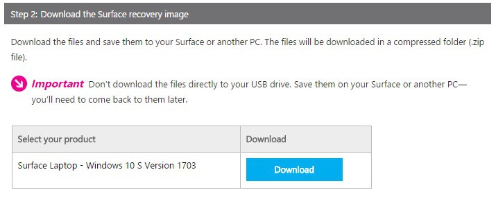 Click download to download the available Surface Laptop recovery image