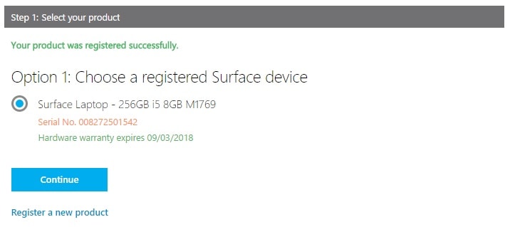Select your registered Surface Laptop