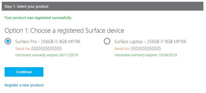 Select your registered Surface Pro (2017)
