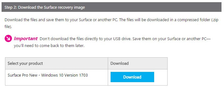 Click download to download the available Surface Pro (2017) recovery image