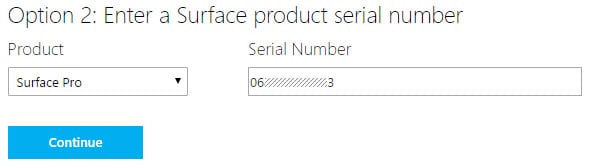 Option 2 - enter your Surface Pro (2017) serial number