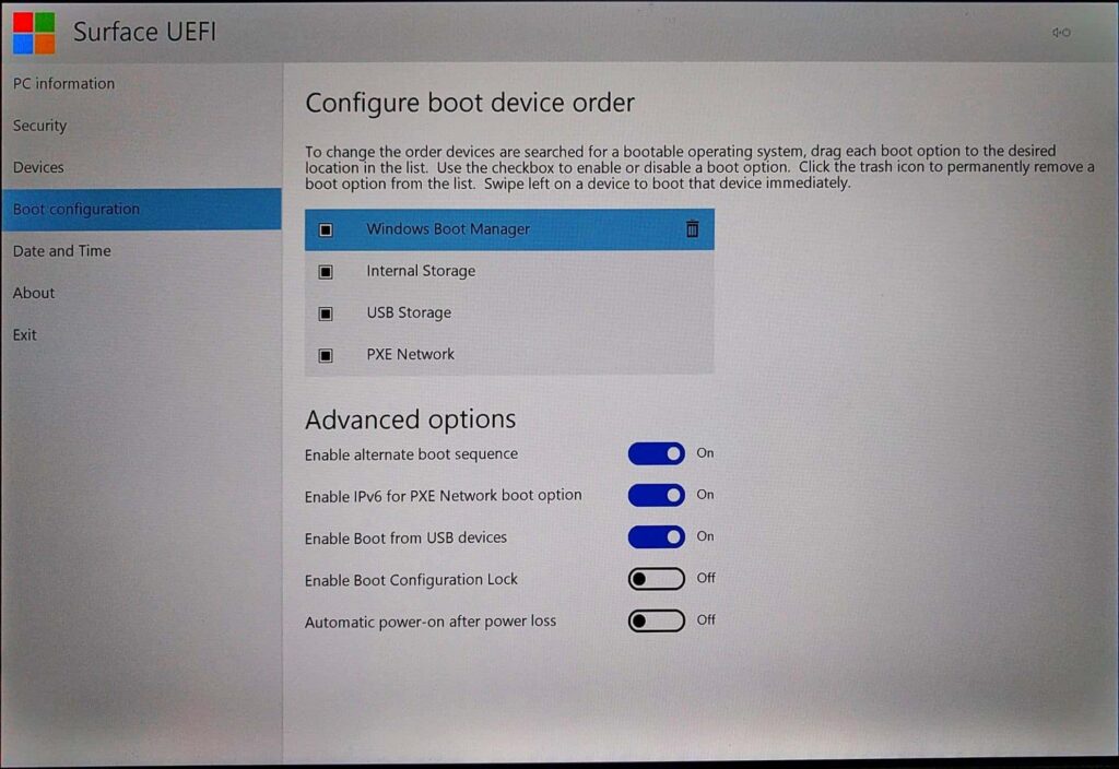 Surface Pro (2017) UEFI > Boot Configuration