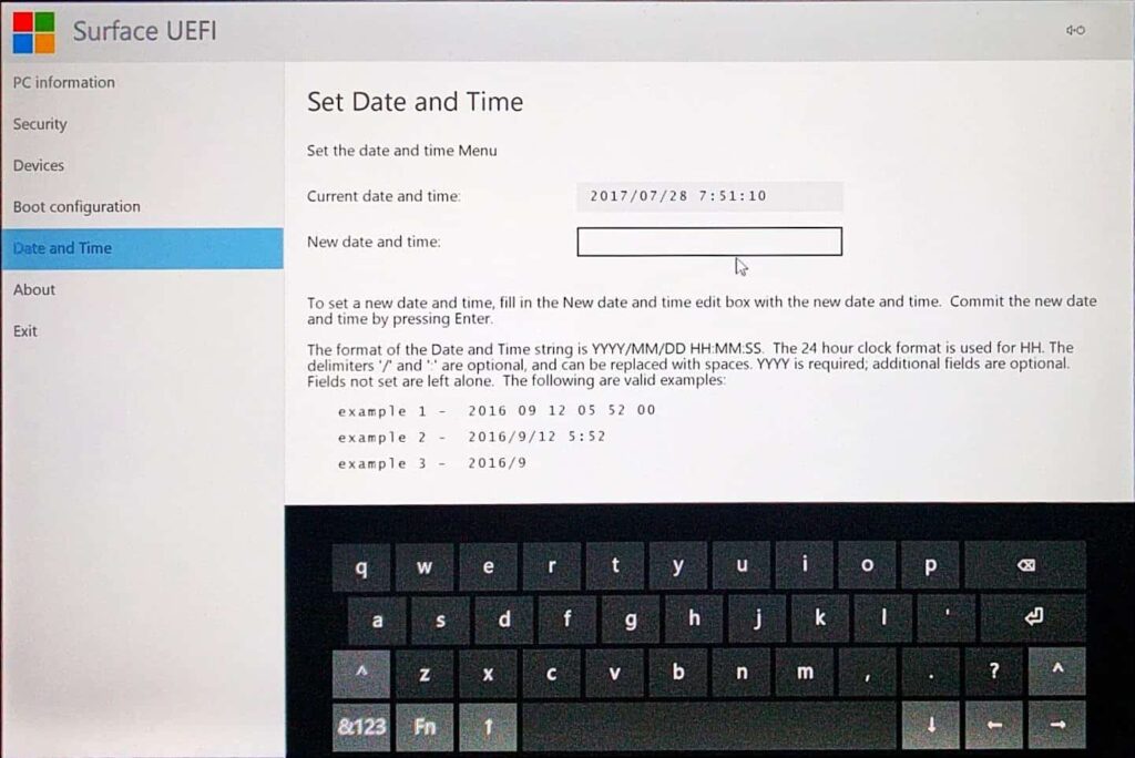 Surface Pro (2017) UEFI >Date and Time