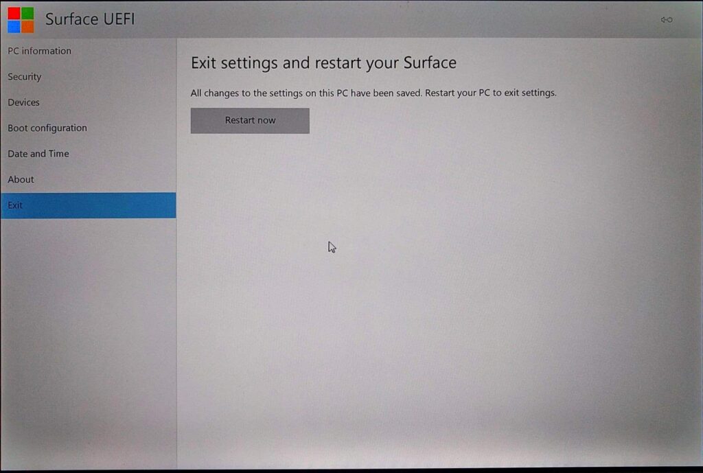 Surface Pro (2017) UEFI Exit Page