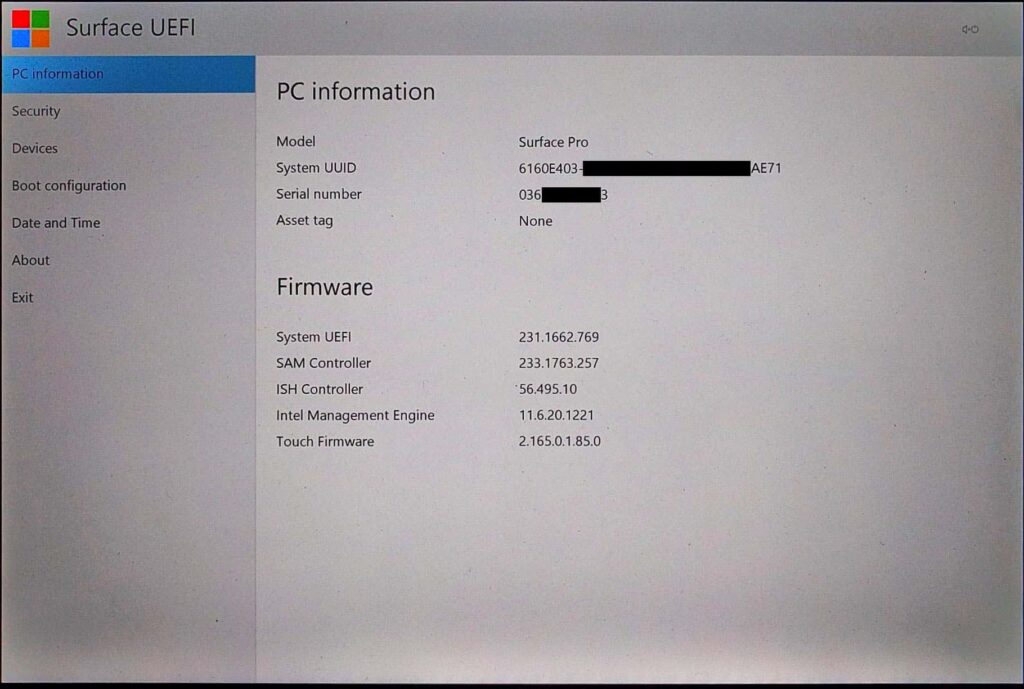 Surface Pro (2017) UEFI > PC Information