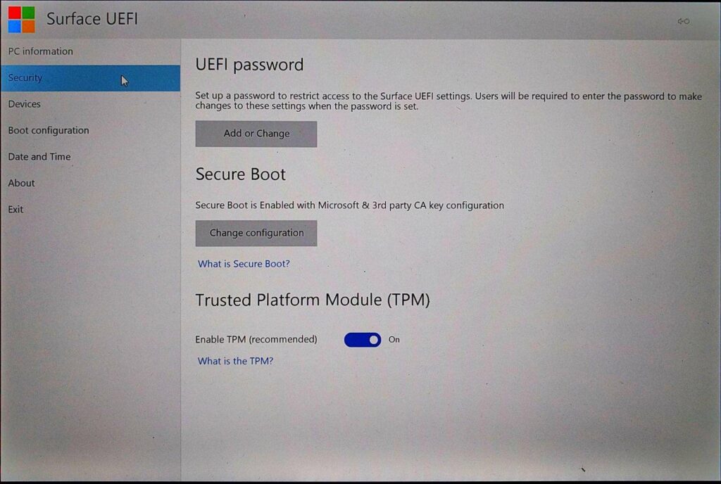 Surface Pro (2017) UEFI > Security