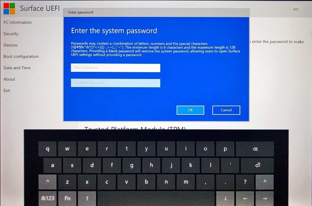 Surface Pro (2017) UEFI > Add Password