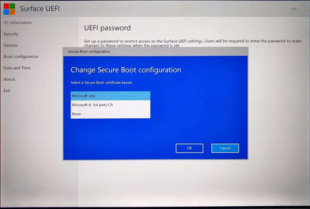 Surface Pro (2017) UEFI > Change Secure Boot Configuration