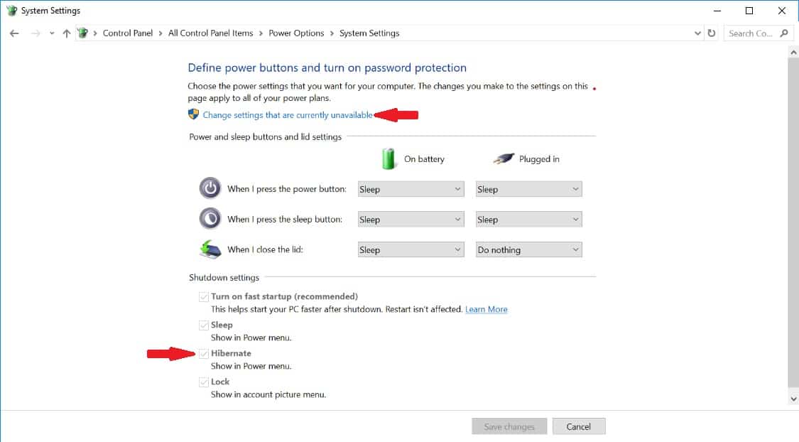Surface System Power Settings with Hibernate option