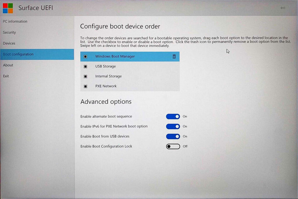 Surface Book UEFI > Boot Configuration