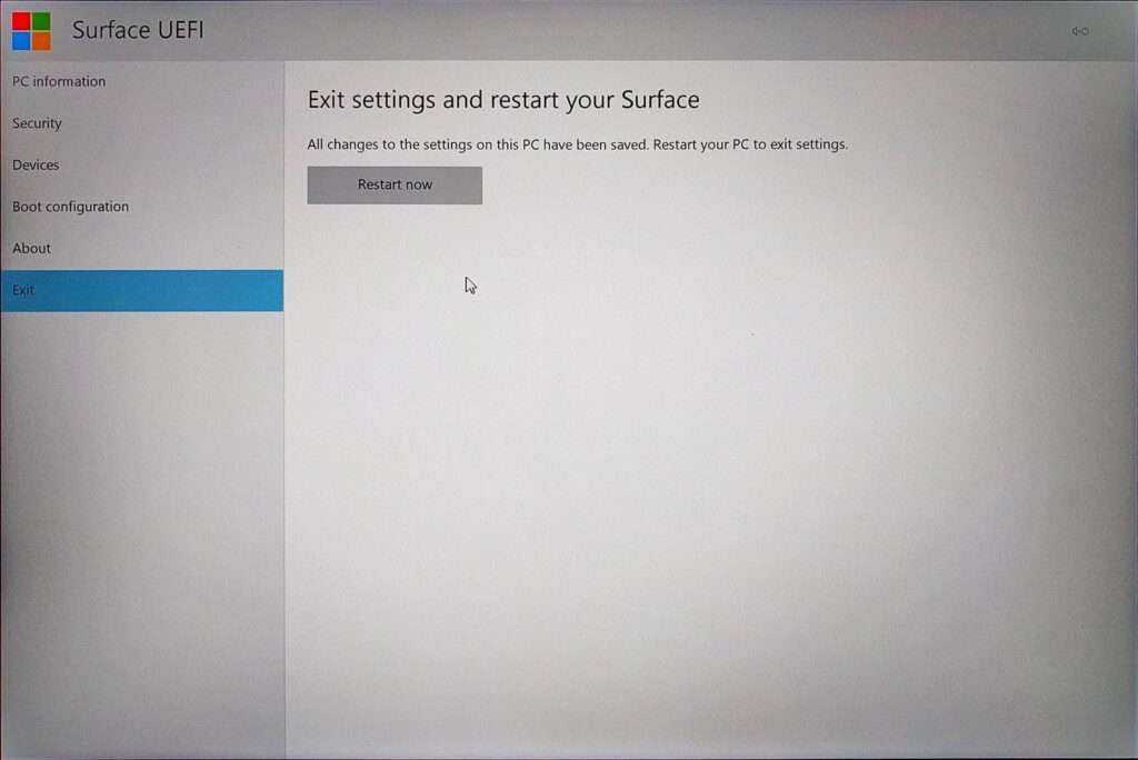 Surface Book UEFI Exit Page