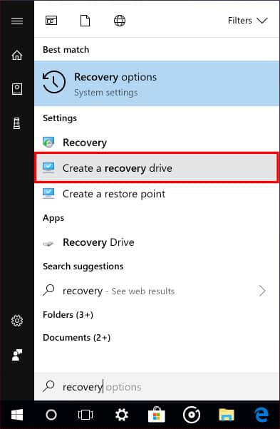 Open Create a recovery drive tool