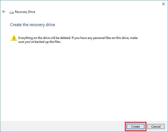Confirm Creating the Recovery Drive