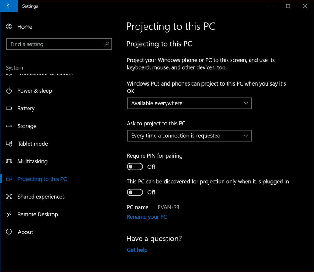 Projecting to this PC - Windows 10