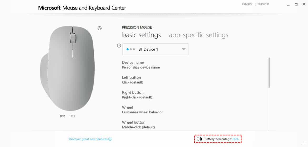 Surface Precision Mouse Battery Status in Microsoft Mouse and Keyboard Center