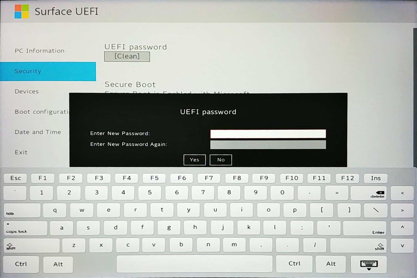 Surface Go UEFI - Entering UEFI Password