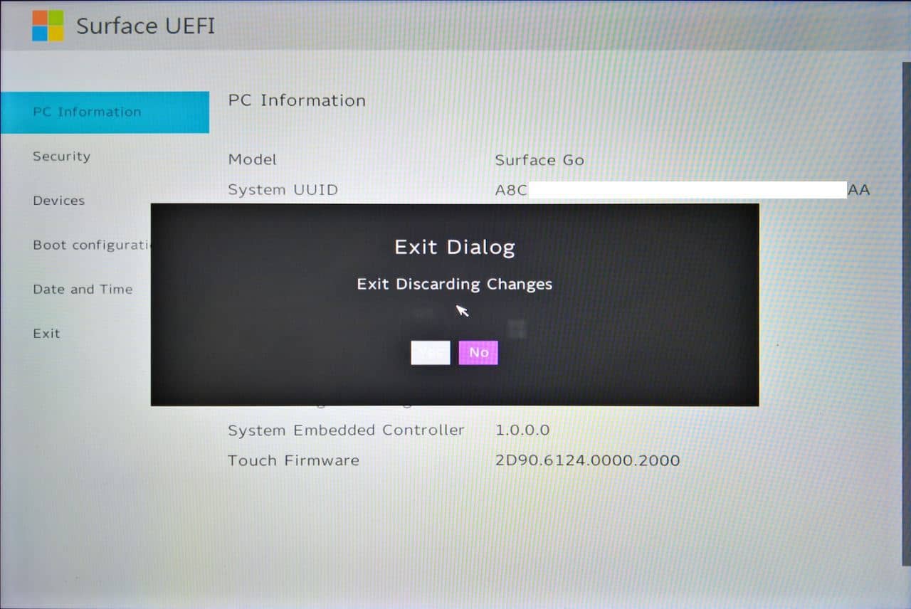 Surface Go UEFI - Exit Discarding Changes