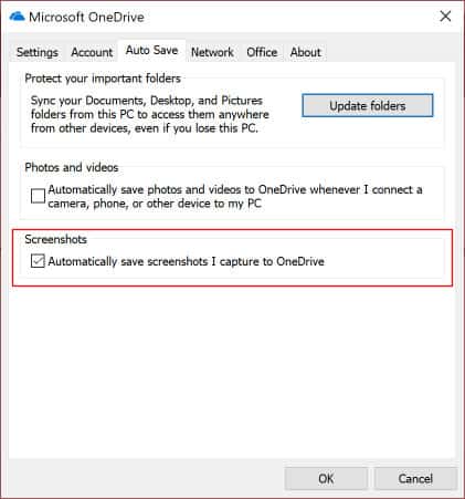 Enable Automatically save screenshots on OneDrive