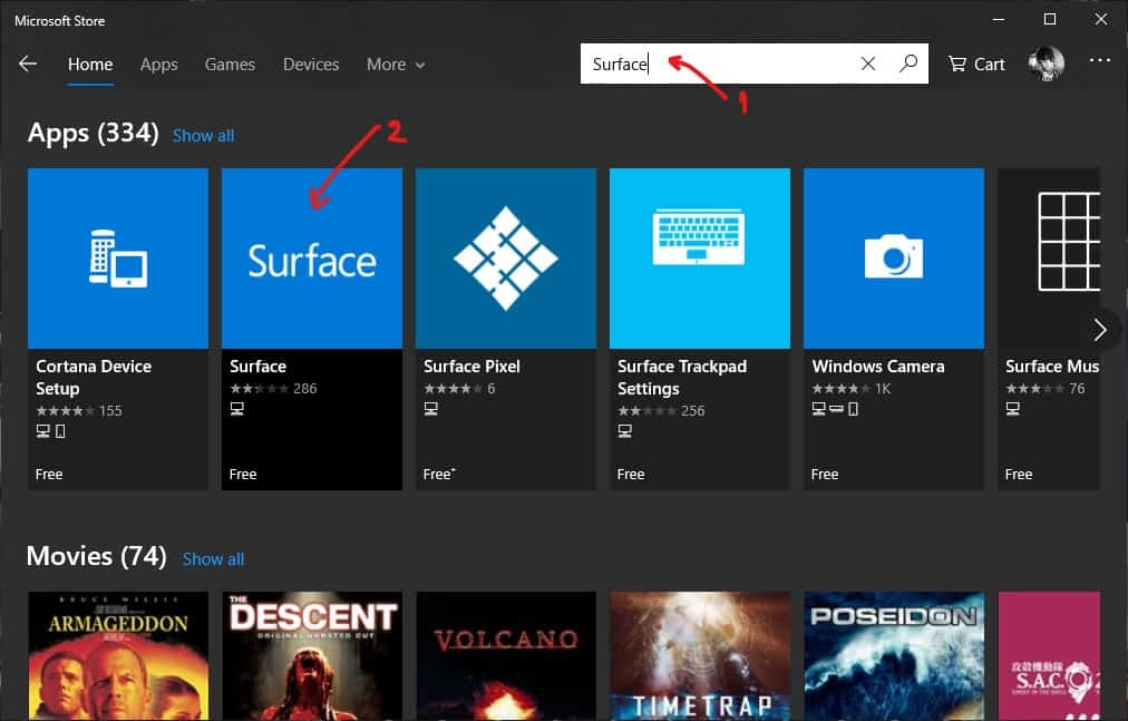 Search for Surface app in Microsoft Store