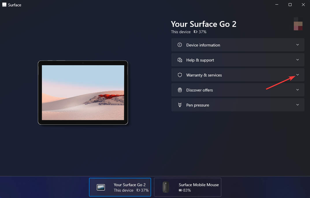 Open Surface app then expand the Warranty and services section