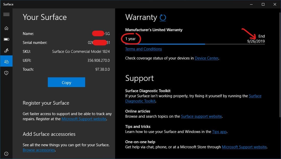 Warranty Status in Surface App
