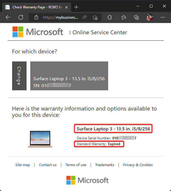 Warranty Status Result on Surface Support for Business Online Service Center