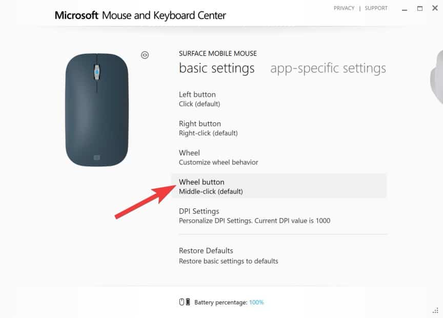 Configuring Surface Mobile Mouse - Wheel Button Click