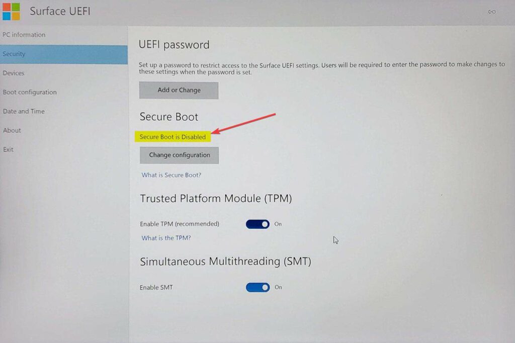 Disable Secure Boot on Surface Book 003