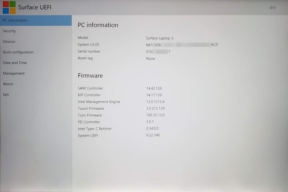 Surface Laptop 3 UEFI - PC Information