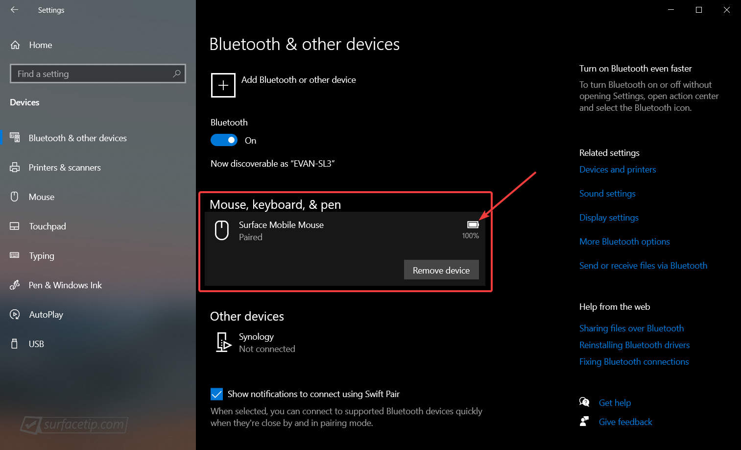 Windows Settings > Devices > Bluetooth > Surface Mobile Mouse