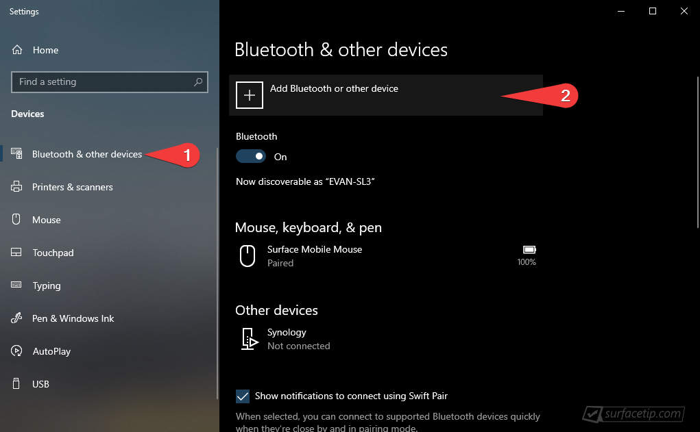 Settings App > Devices > Add a Bluetooth or other device