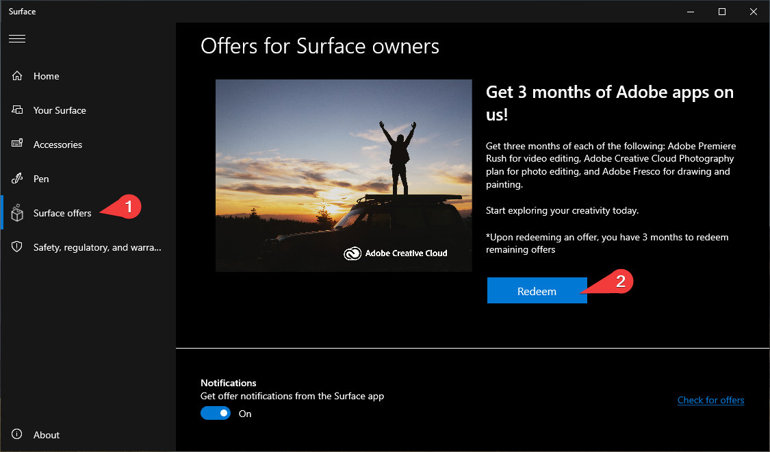 Surface app > Surface Offers > Redeem