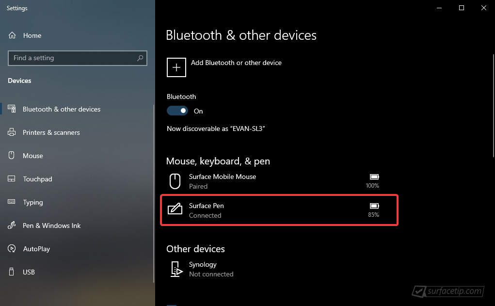 Surface Pen Listed with Battery Information