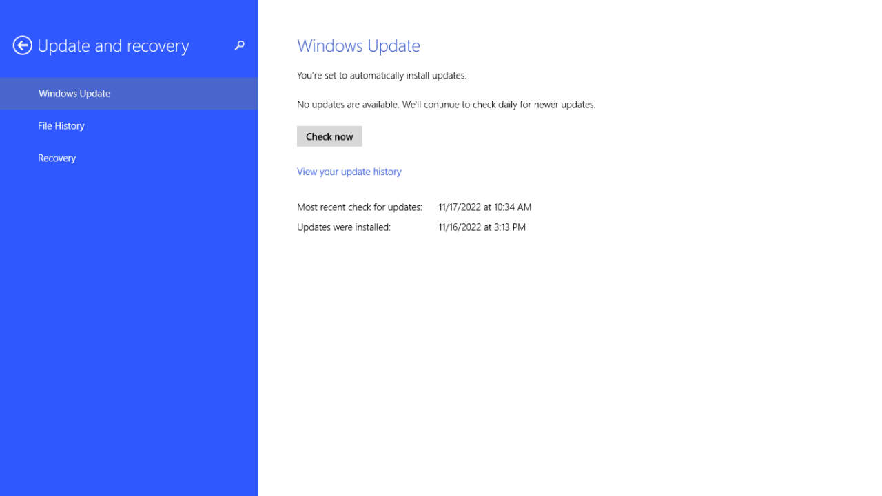 Windows 8: Update and recovery and check now