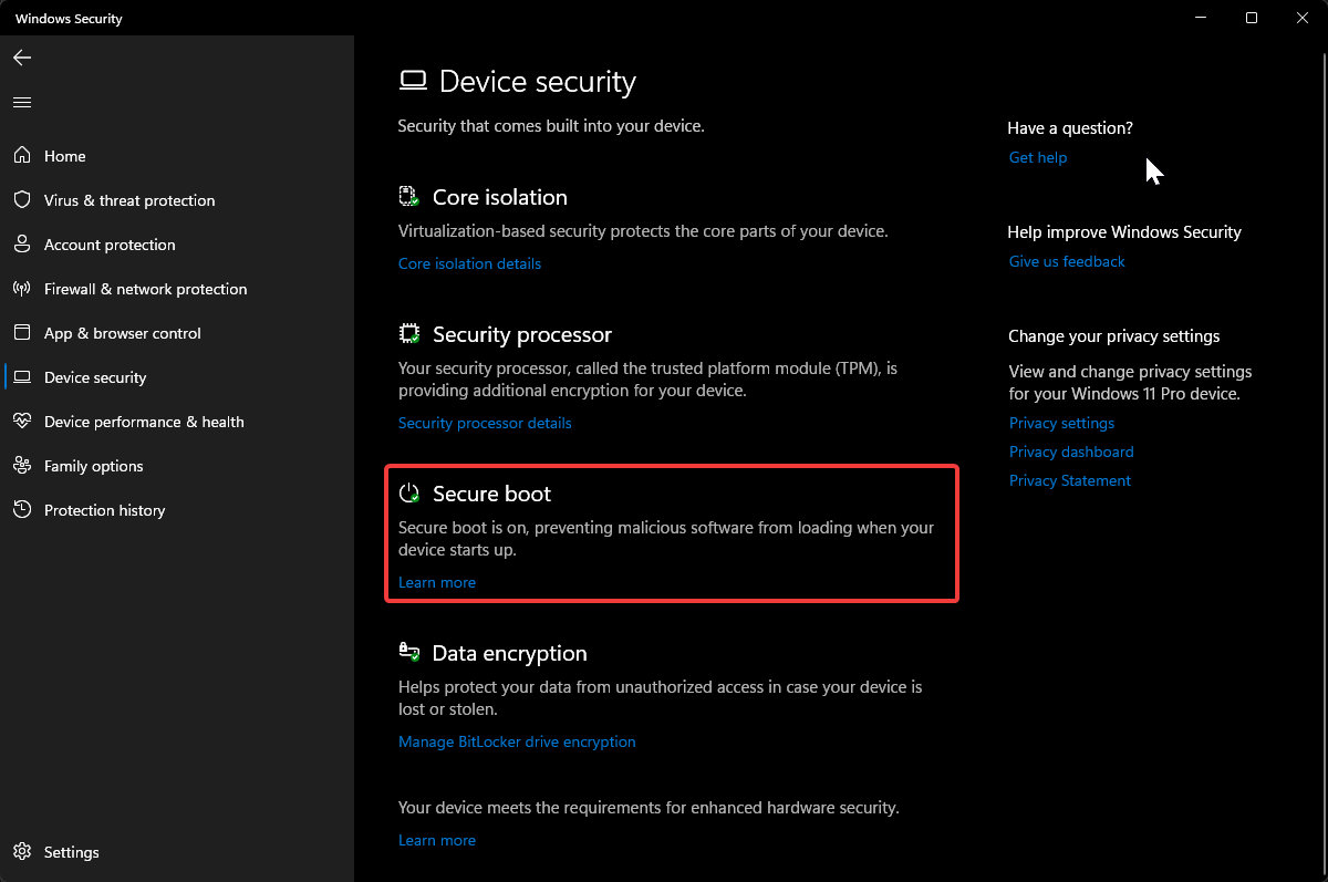 Secure Boot status in Windows Security app.